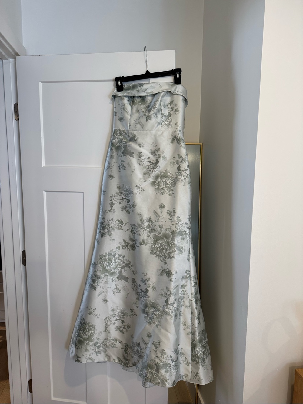 ALFRED SUNG Pale Green-White Floral Satin Strapless Maxi Dress - Picture 3 of 6